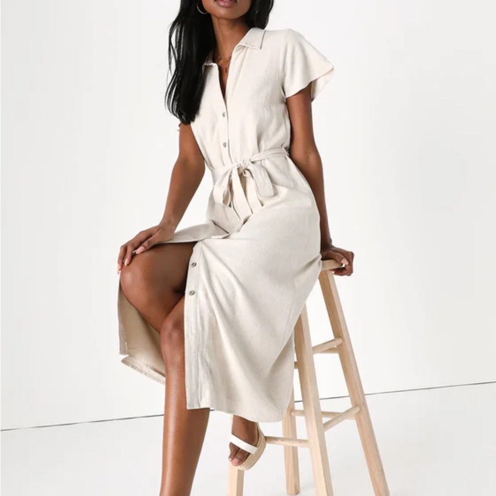 LULUS NEW ITALIAN SUMMER BEIGE LINEN MINI DRESS XS